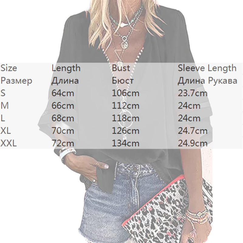 Fashion Woman Blouses 2022 Women V-neck Zip-up Shirt with Half Flared Sleeves Mesh Stitching Loose Casual Women Summer Clothing