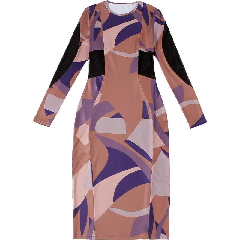Female Vintage Contrast Print Slim Night Club Dress Elegant Long Sleeve Hip Style Party Dress
