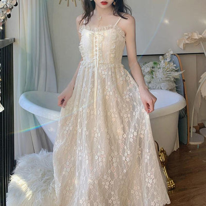 Summer Glitter First Love Long Skirt Female French Mid-length Lace Suspender Dress Little Fairy Temperament
