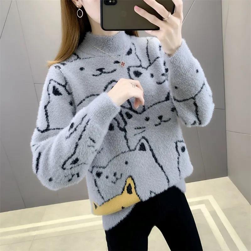 Korean Style Fashion Imitation Mink Fleece Sweater Half Turtleneck Knitted Long Sleeve Plush Sweater Loose Plus Size Cat Sweater