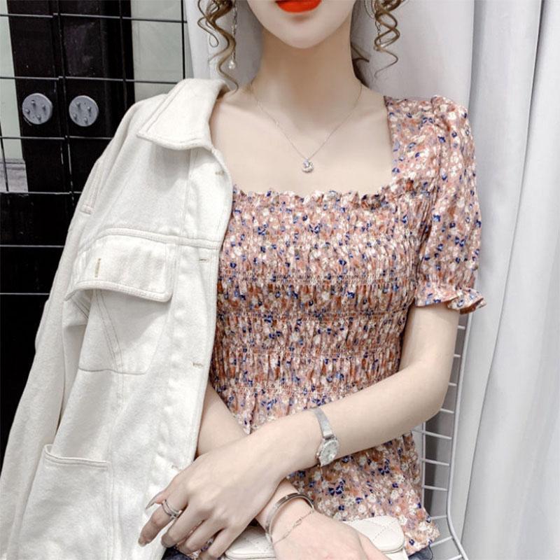 French Design Ladies Top Square Neck Fungus Edge Small Floral Chiffon Pullover Short Sleeves