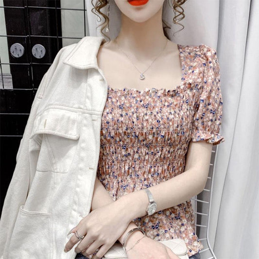 French Design Ladies Top Square Neck Fungus Edge Small Floral Chiffon Pullover Short Sleeves