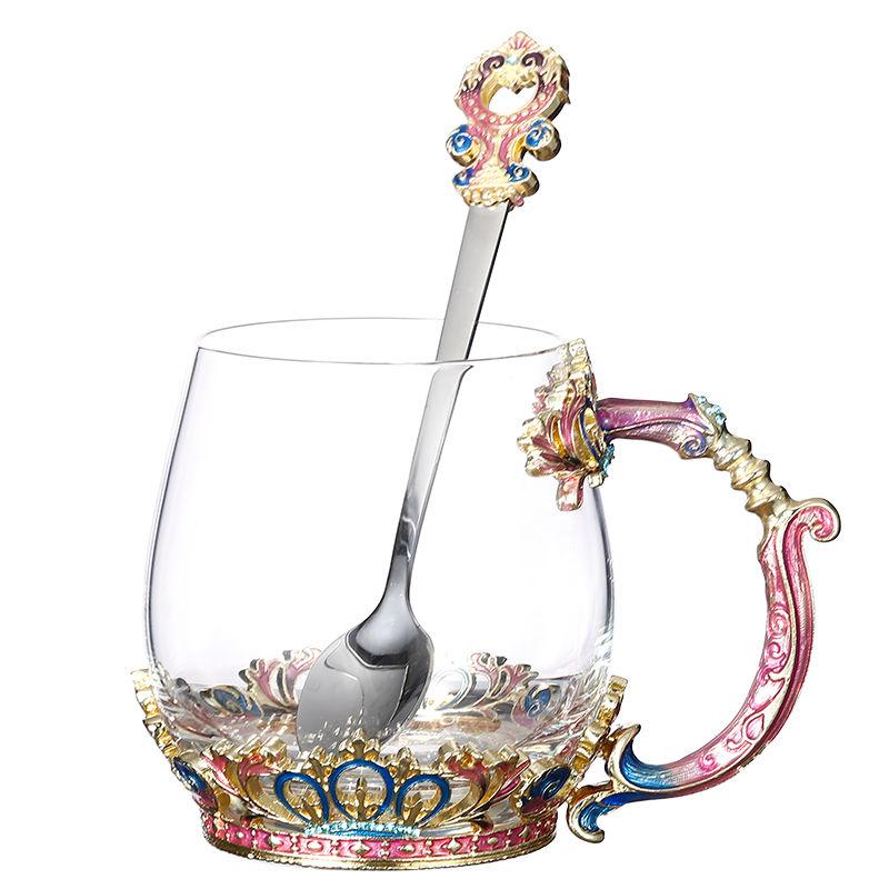 Retro Enamel Color Water Cup Flower Teacup Personality Trend Glass Female Teacup Creative Home Coffee Cup with Lid Spoon