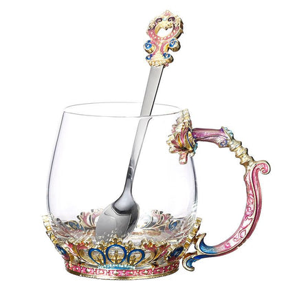 Retro Enamel Color Water Cup Flower Teacup Personality Trend Glass Female Teacup Creative Home Coffee Cup with Lid Spoon