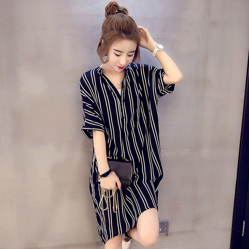Summer Striped Shirt Dress Women Fashion Casual Lapel Short Sleeve Pocket Irregular Striped Short Dress Women