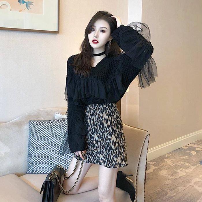 Women Black Sexy V-neck Lace Pullover Sweater Wild Thin Skinny Knitted Bottoming Shirt Coat