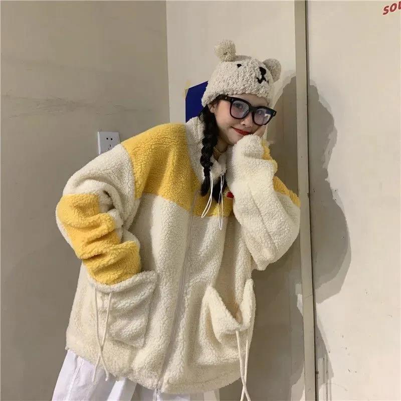 Lamb Wool Stand-up Collar Jacket Female BF Color Matching Loose Cardigan Zipper Plus Velvet Thick Warm Jacket Ladies Casual Warm Jacket