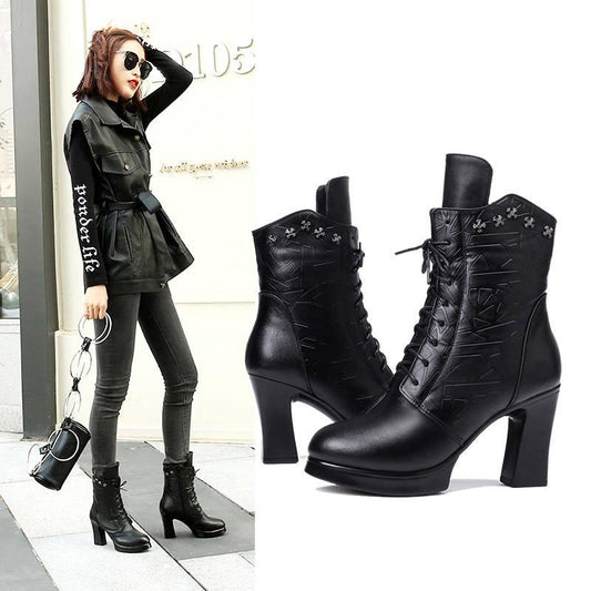Genuine Leather Boots Ladies Footwear Women's Ankle Boots Women High Heels Booties women snow boots