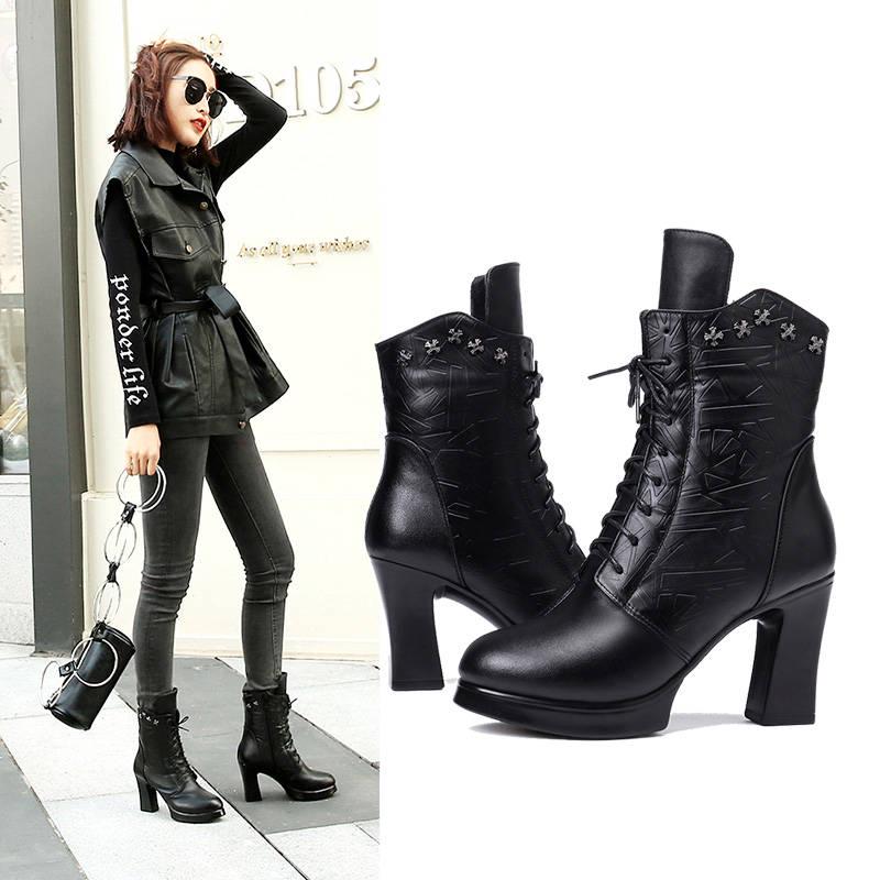 Genuine Leather Boots Ladies Footwear Women's Ankle Boots Women High Heels Booties women snow boots