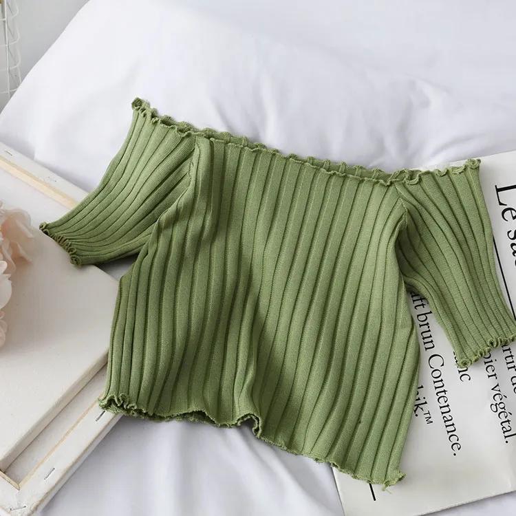 French Niche Short One-shoulder Knitted Bottoming Shirt Women's Summer Large Size Vertical Striped Fungus Short-sleeved Top