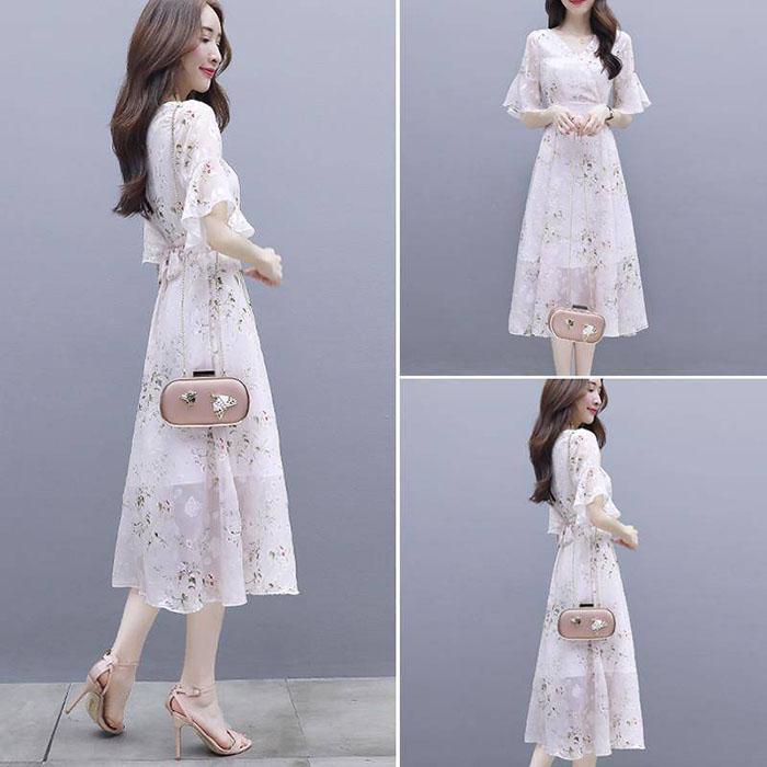 Pofulove S-3XL Women Summer High-end Floral Chiffon Dress Short-sleeved V-neck A-line Evening Dress
