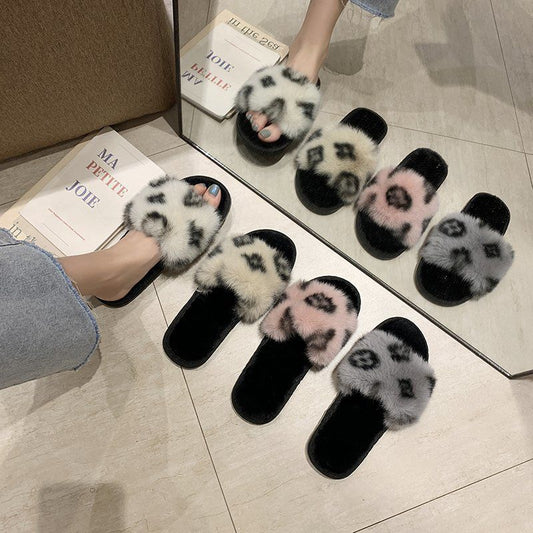 Women's Cotton Slippers Autumn and Winter Korean Version of The Net Red Printing Word with A Flat Bottom Casual Wool Slippers