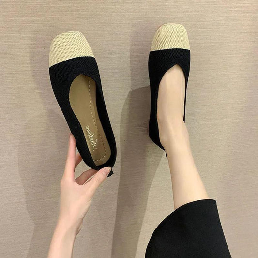 Knitted Flat Shoes Women's Spring Korean All-match Square Toe Peas Shoes Shallow Mouth Maternity Shoes Single Shoes Slip on Breathable Granny Shoes