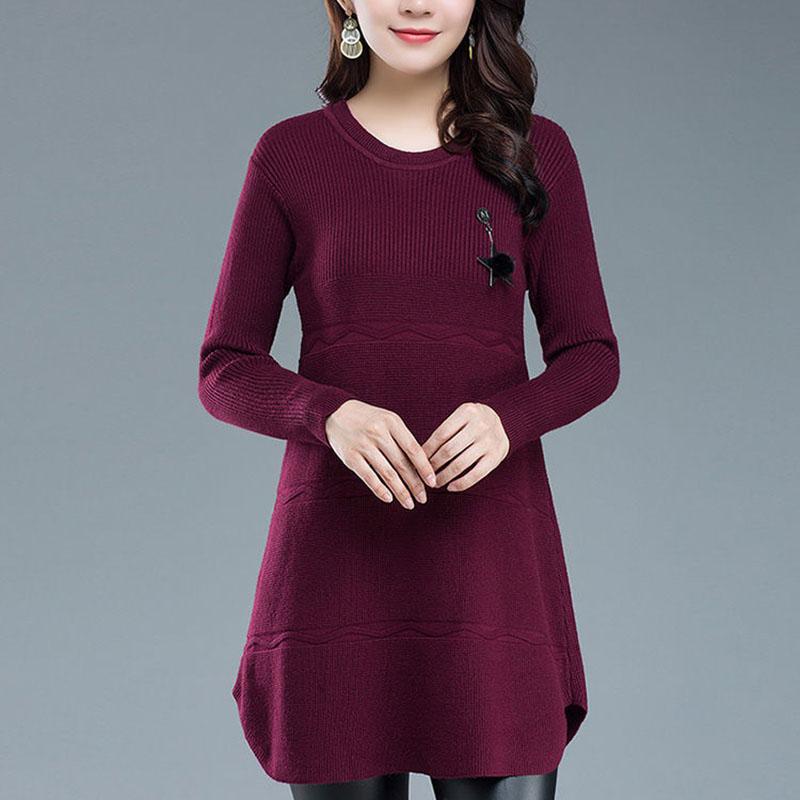 Autumn Winter Knit Casual Dress In Pure Color Long Sleeve Bottom Skirt Simple Middle-aged Women Wool Dress
