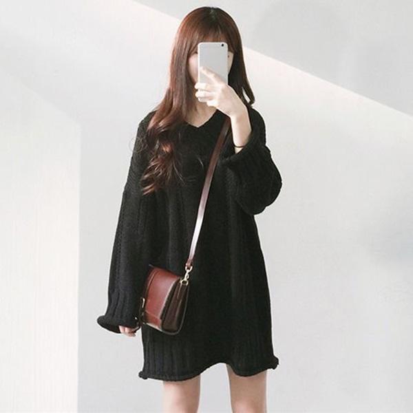 Autumn and Winter Mid-length Fashion Dress Long Sleeve V-neck Casual Sweater