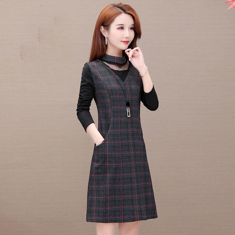 Plus size dress waist was thin skirt fashion plaid long-sleeved dress women spring and autumn