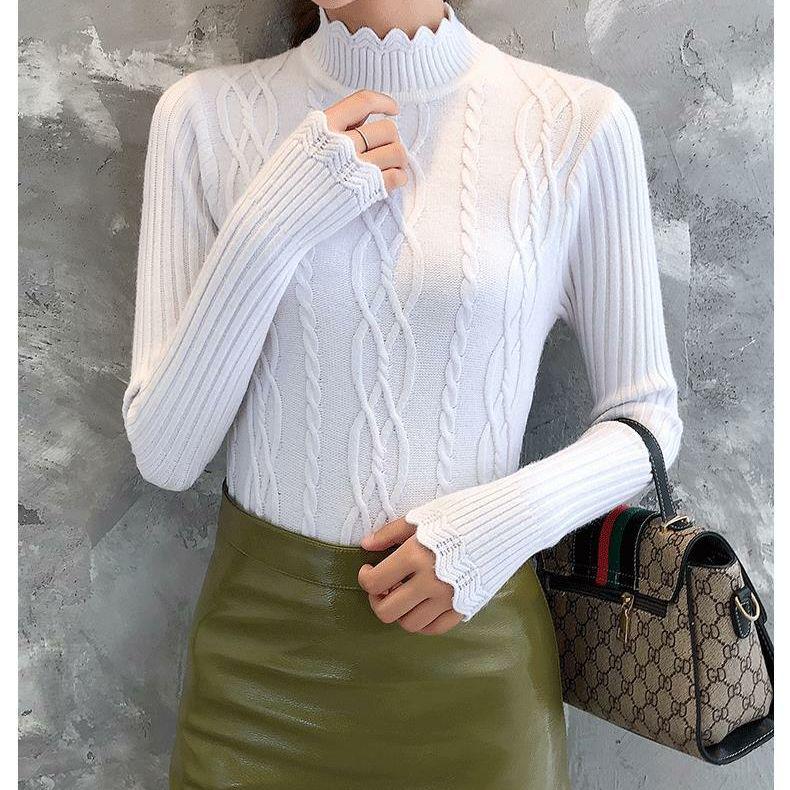 Women's Solid Color Warm Sweater Twist Knit Pullover Long Sleeve Lace Half Turtleneck Bottoming Shirt