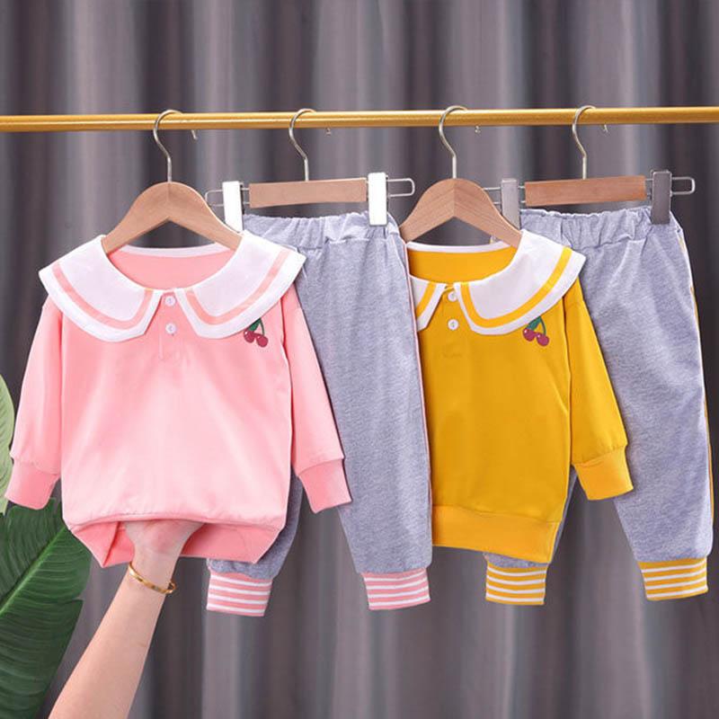 Spring and Autumn Children's Long-sleeved Two-piece Baby Girl Cute Lapel Pullover Cartoon Printing Sweater Sports Casual Pants Two Children's Suit