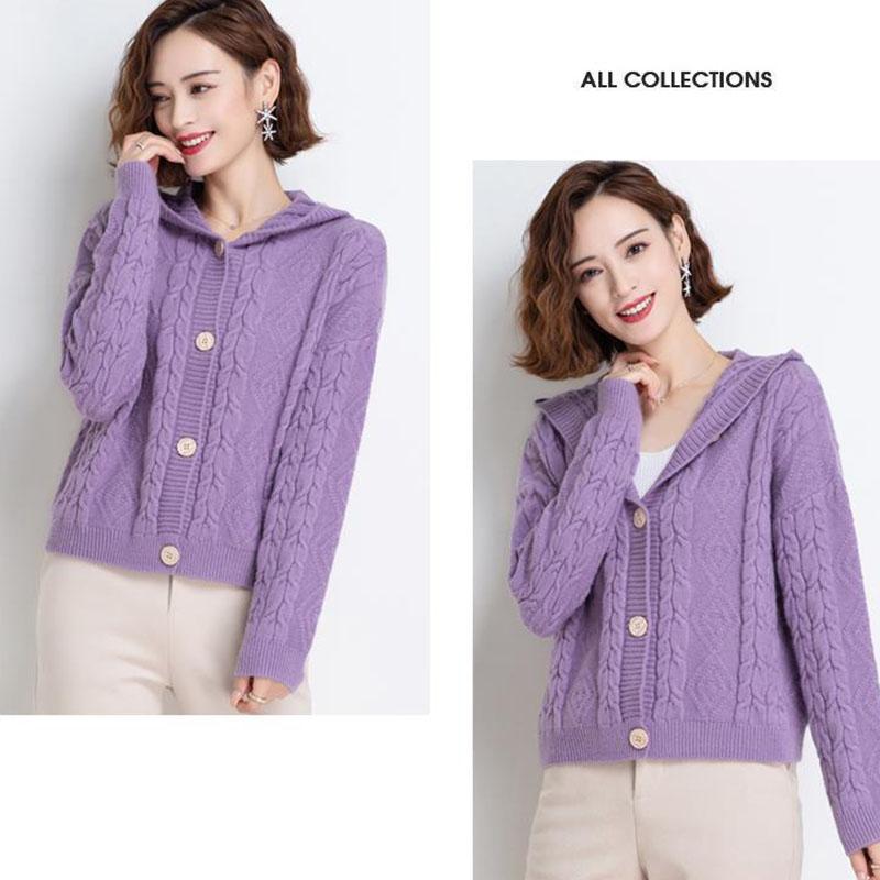 Autumn and Winter Knitted Hoodie Cardigan Short Loose Top Simple Solid Color Female Jacket