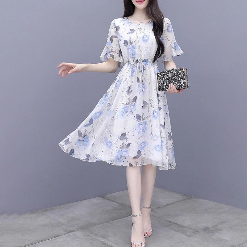 Chiffon Dress Summer Temperament Was Thin, Printed Fairy A-line Mid-length Waist Floral Skirt Round Neck Short-sleeved Ladies Chiffon Dress