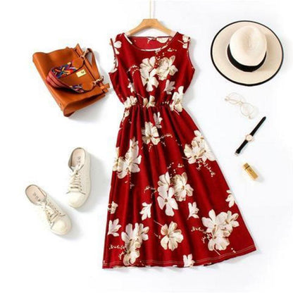 Polka Dot Chiffon Floral Holiday Dress Mid Length Fairy Skirt Casual Skirt