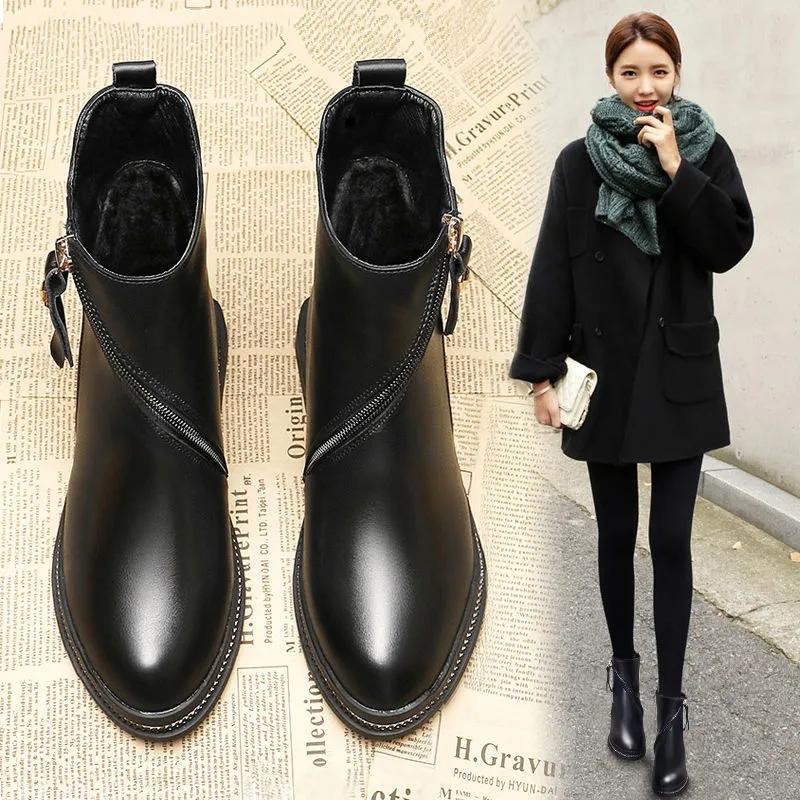 Martin Boots Woman British Style Flat Female Short Boots Single Boots Black Leather Boots Chelsea Boots