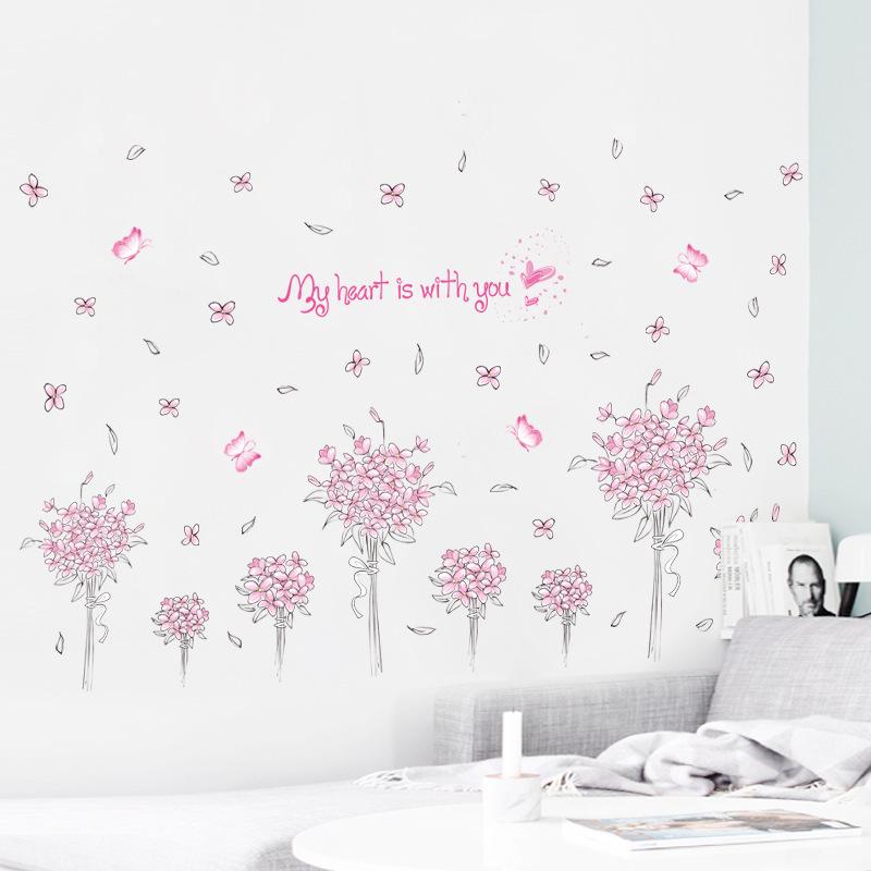 Pink flower group bedroom living room TV sofa wall stickers green stickers romantic love wallpaper