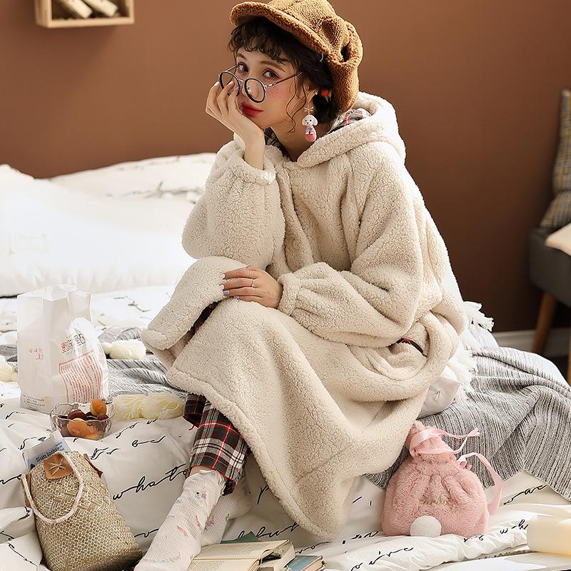Women's Pajamas Winter Velvet Warm Pyjamas Long Bathrobe Casual Loose Homewear Cartoon Cute Sleepwear Hooded Long Sleeve Thick Fleece Clothing