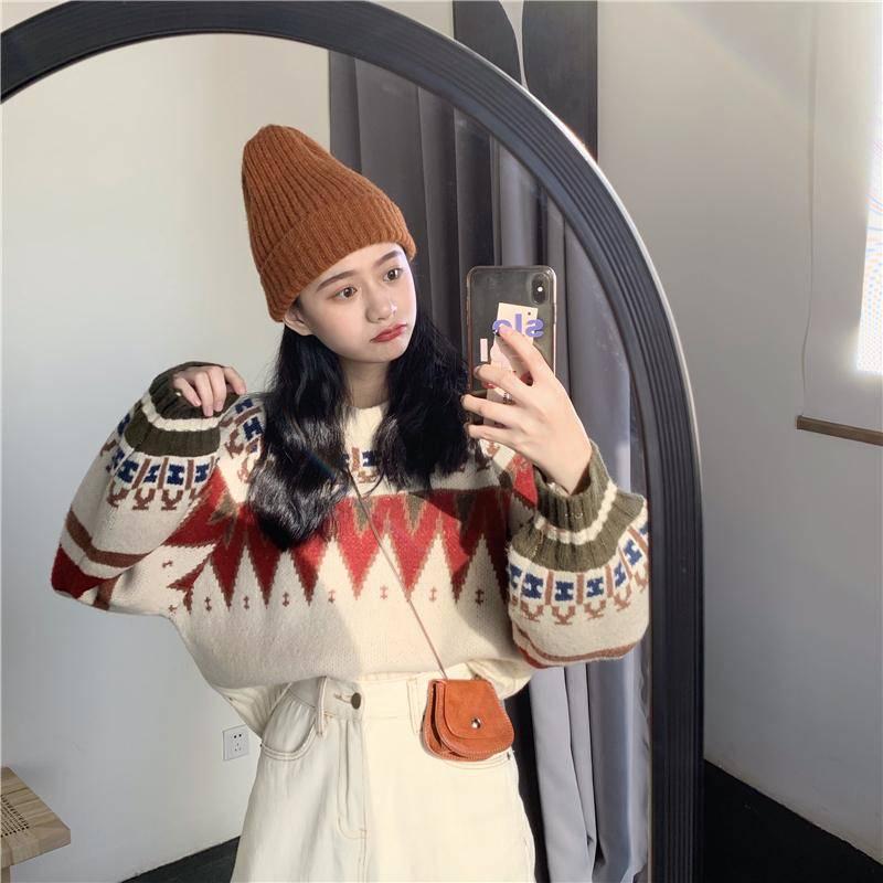 Pofulove Autumn Winter Loose Short Sweater Women Retro Thick Pullover Students Long Sleeve Women