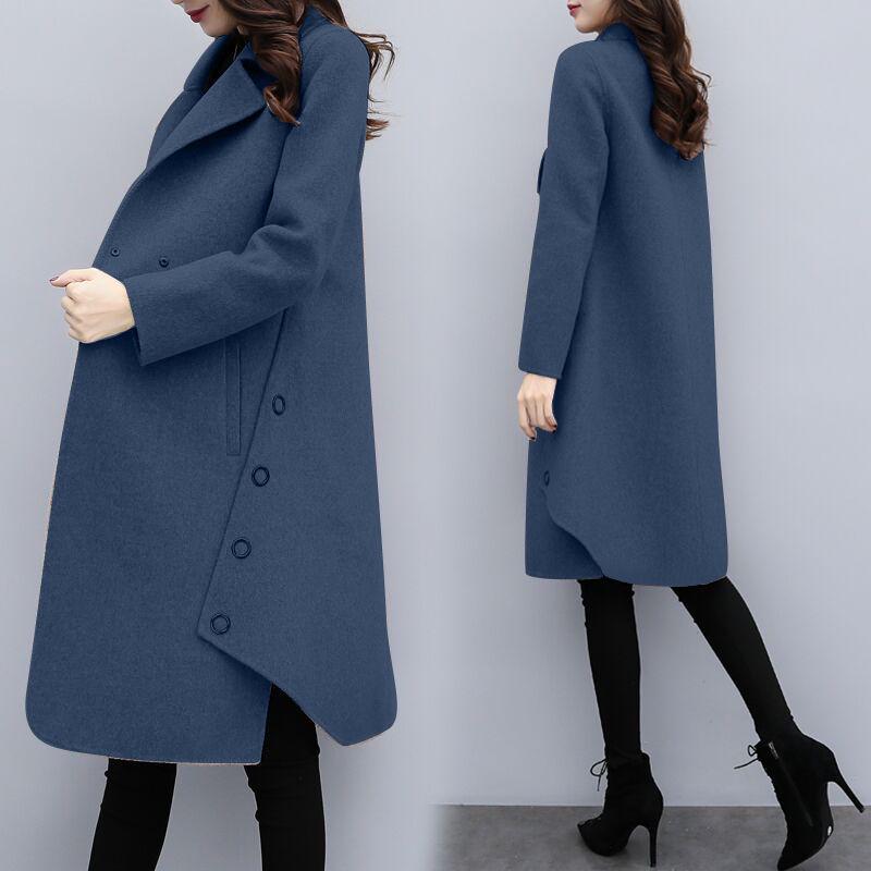 Womens Winter Turn-down Collar Lapel Wool Cashmere Coat Trench Jacket Long Parka Overcoat Outwear