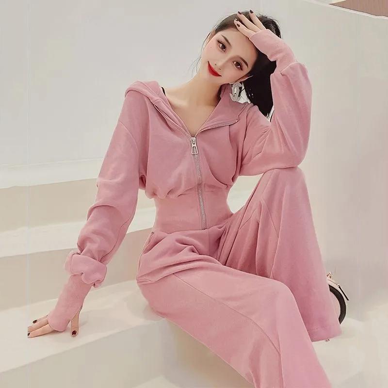 Women Hoodies Hooded Sweatshirts Zippers Tops Pink Loose Casual Clothes Oversized Harajuku Tracksuit Hoodies Suit Sweatshirts Set