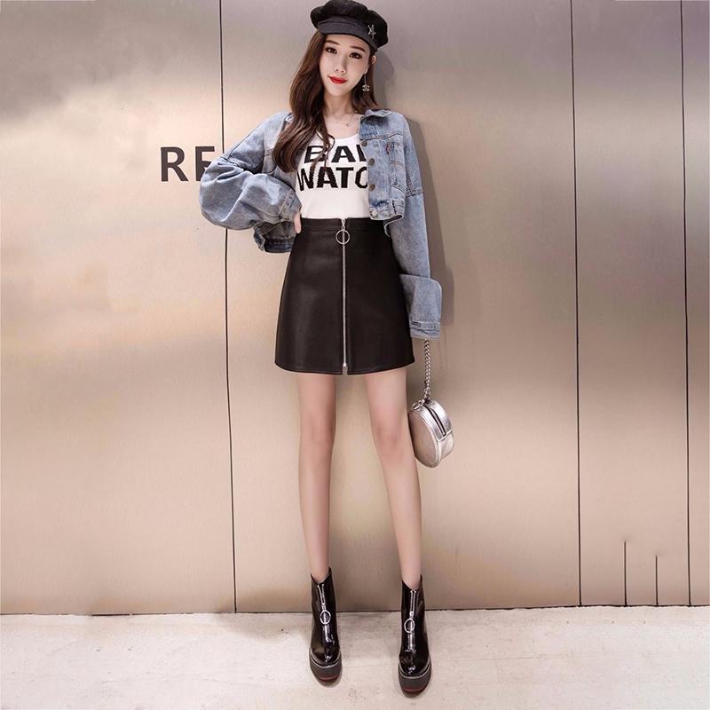 Autumn and Winter Glossy PU Leather Women's Sexy Leather Skirt Short Solid Zipper Split Mini Skirt