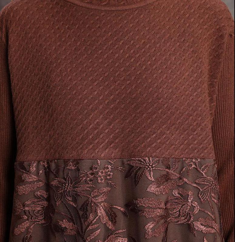 Autumn and Winter Bottoming Skirt Mid-length Retro Ethnic Embroidery Knitted Sweater Dress Long-sleeved Half-high Collar Lace Skirt