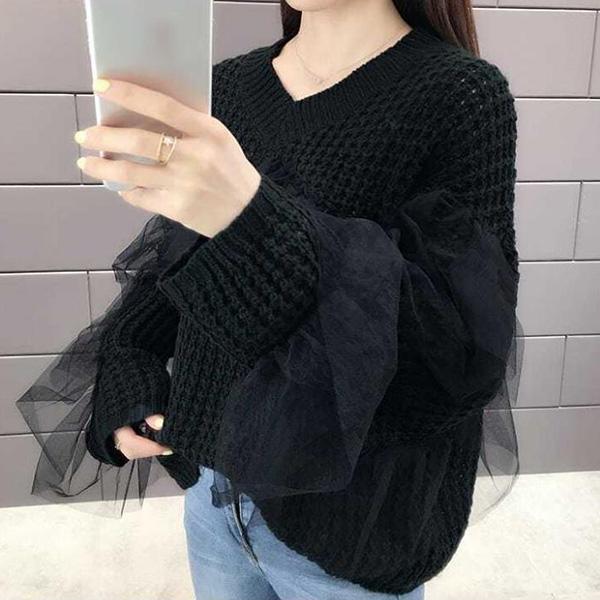 Hollow Lace Stitching Sweater Autumn and Winter Fashion Bottoming Shirt Solid Color Long-sleeved V-neck Sweater Casual All-match Top