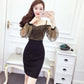 Fashion Stylish Sexy Strap Dress  Slash Neck Mesh Puff Sleeve Dress Off-Shoulder Package Hip Dress