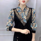 Printed Top Women's Long-sleeved Spring and Autumn T-shirt V-neck Chiffon Shirt Loose Shirt