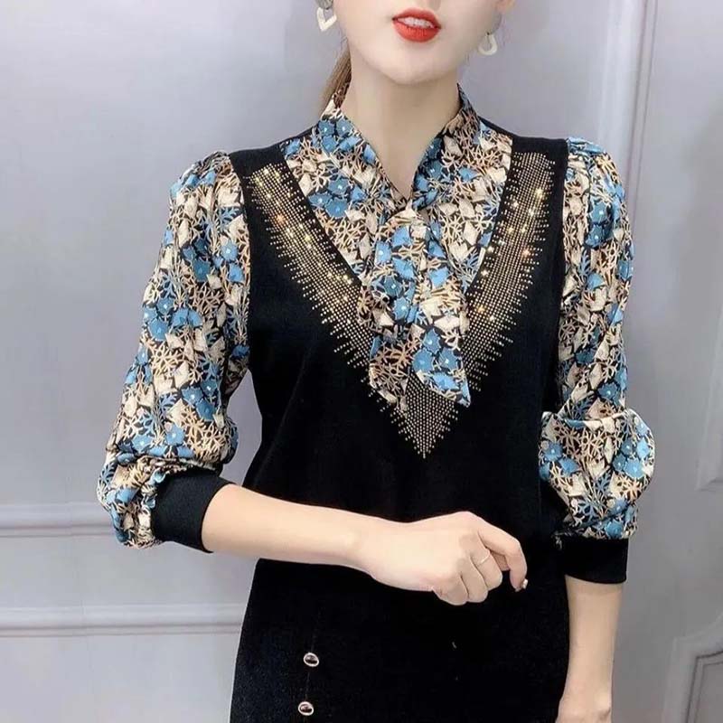 Printed Top Women's Long-sleeved Spring and Autumn T-shirt V-neck Chiffon Shirt Loose Shirt