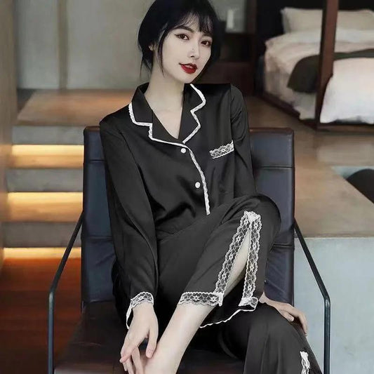Women's Spring Autumn Long-sleeved Pajamas Set Lapel Sexy Lace Pyjamas Slit Bottoms V-neck Loose Comfortable Homewear Solid Out Wear Loungewears