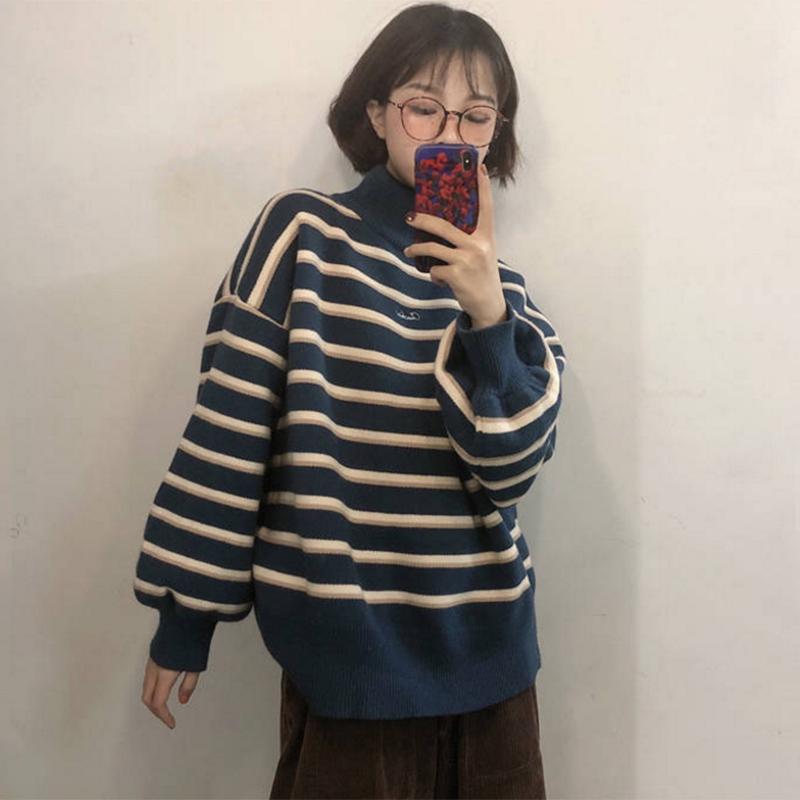 Striped knit jacket coat Thick color-matching turtleneck female student lazy wind loose pullover