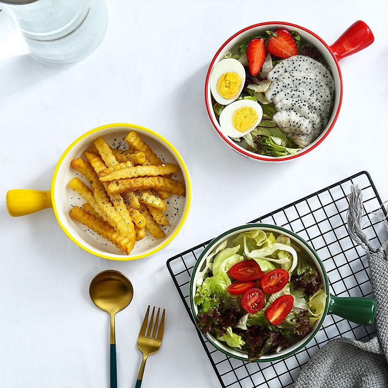 Nordic Style Instant Noodle Bowl with Handle Ceramic Baking Bowl Baked Rice Bowl Fruit Salad Bowl Home Microwave Oven Creative Baking Tray