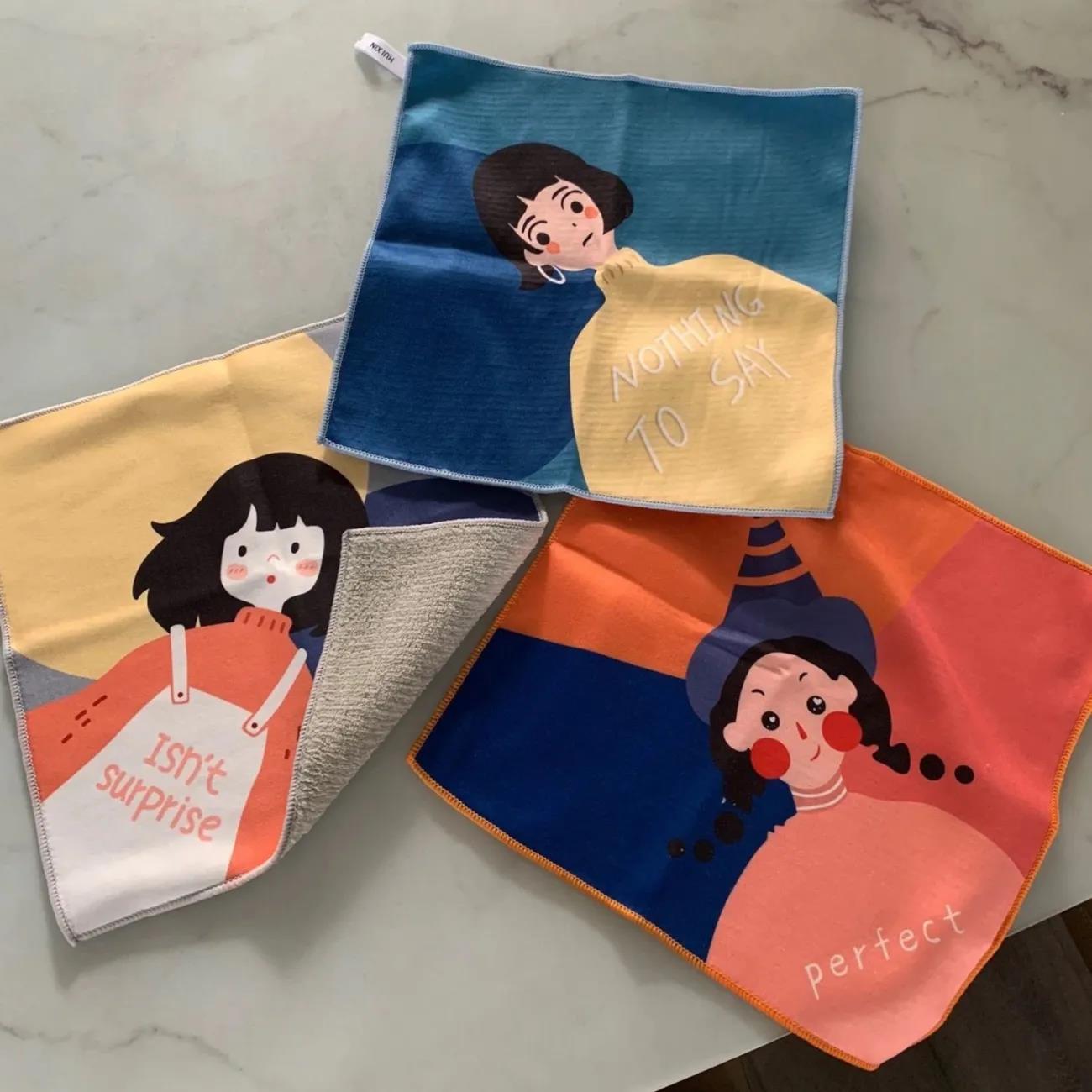 Nordic Fresh Wind Non-oily Dish Towel Wiping Table Rags Absorbent Non-linting Home Kitchen Cartoon Bowls and Hands