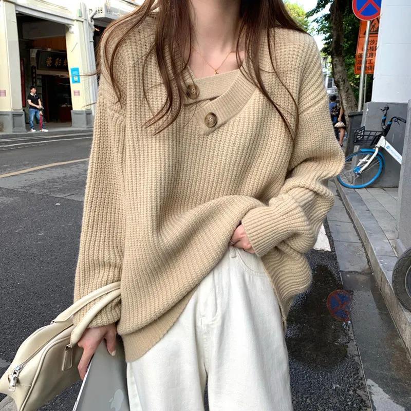 Women's V-neck Sweater Autumn and Winter Loose Outer Wear Lazy Style Solid Color Knit Sweater Pullover Mid-length Top
