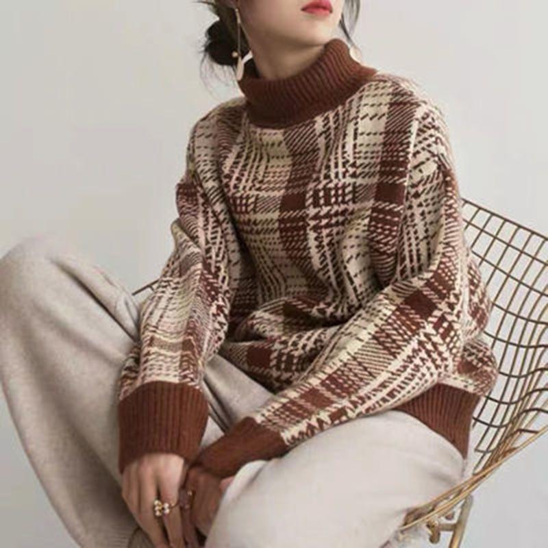 Autumn Winter  Women Fashion Sweater Casual Knitting Plaid Sweater  Round Neck Pullovers Loose Casual Long Sleeve Sweater