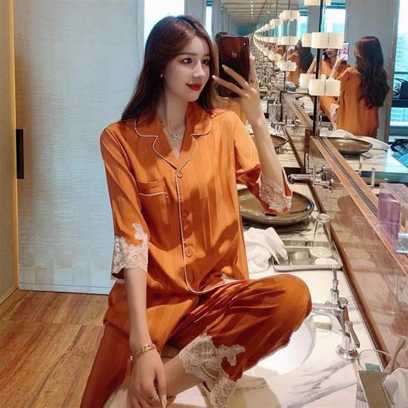 Women's Spring Autumn Long-sleeved Pajamas Set Sexy Lace V Neck Ice Silk Jacquard Striped Homewear Loose Comfortable Sleeping Suit Two-piece Set