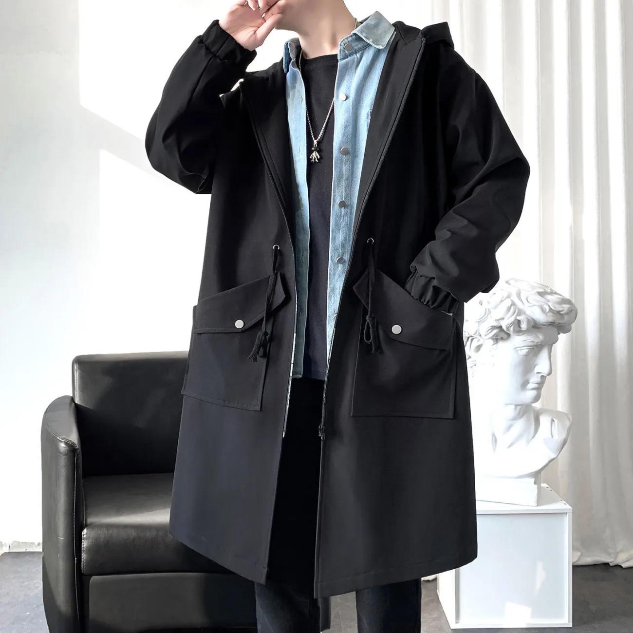 Spring Waterproof Jacket Men Hooded Windbreaker Solid Color Trend Coat Casual Loose Comfortable Parka Long