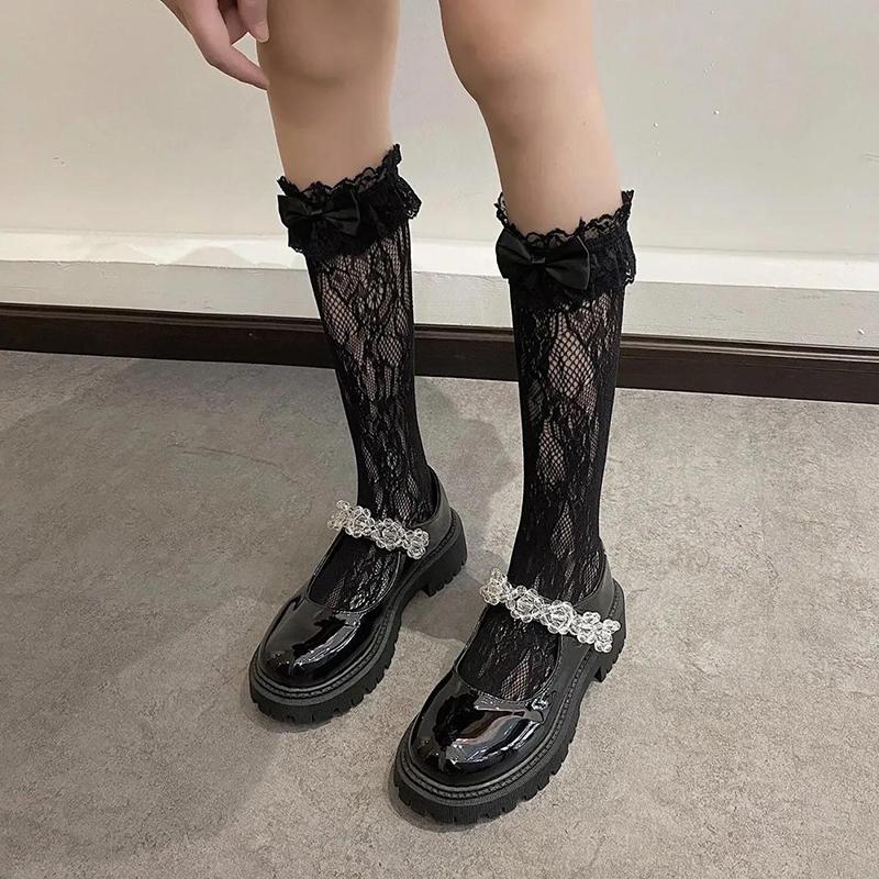 Leather Shoes Women British Style Japanese Black Ice Flower Crystal Thick Bottom Mary Jane Shoes Doll Single Shoes Women's Loafers