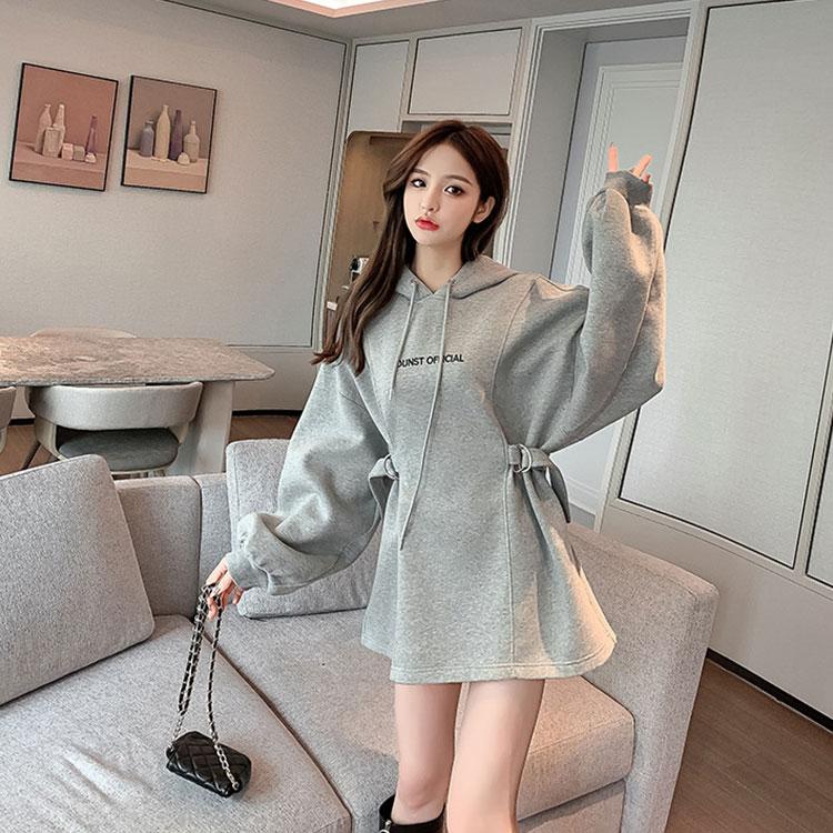 Women's Spring and Autumn Large Size Hooded Sweater Mid-Length Lace-Up Design Top Long Sleeve Pullover Sweater Dress