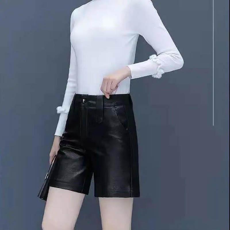 PU Leather Shorts Women's Autumn and Winter Models, High Waist, Slim Fashion, Casual Straight Five-point Leather Shorts, Women