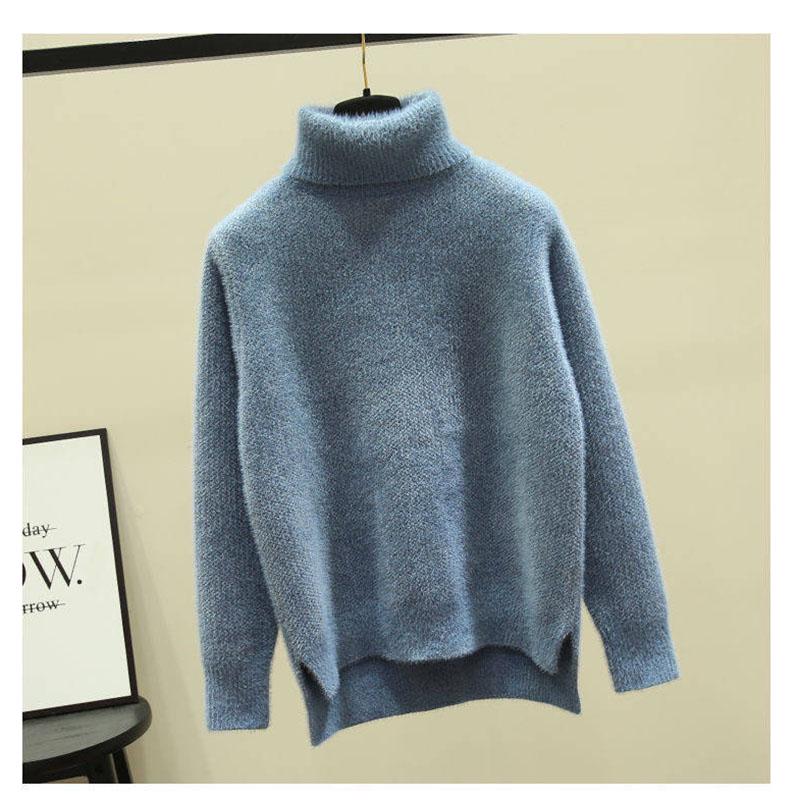 Pofulove non-shedding non-fading waterproof mink plus chenille loose turtleneck solid color pullover