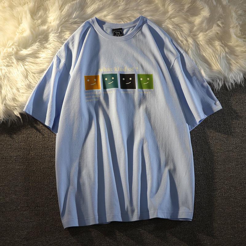 Retro Summer Simple Color Smiley Loose Round Neck Short-sleeved T-shirt for Men and Women Half-sleeved All-match Top